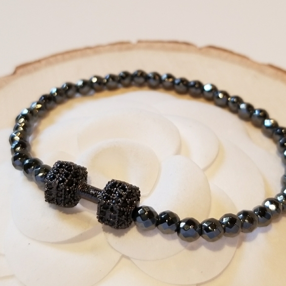 @ veryblessed 4Pcs x NEW Black CZ Dumbbell Hematite Stretch Bracelet - Picture 3 of 4
